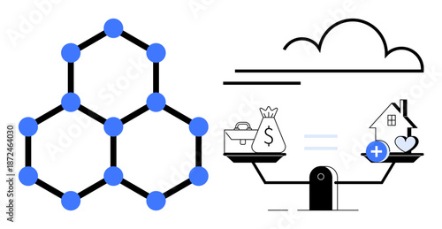 Blockchain concept. Blockchain with a hexagonal structure highlighting cloud integration and financial systems. Blockchain applications span finance, data integrity, and decentralized networks