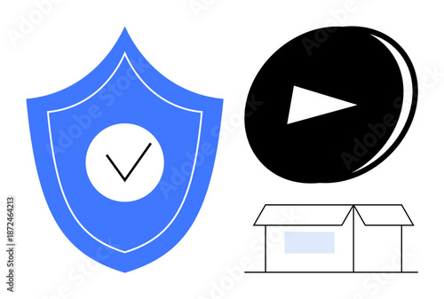 Data security, media streaming, online shopping, e-commerce logistics, digital authentication, content delivery. Blue shield with a checkmark, play button and box. Data security and media streaming