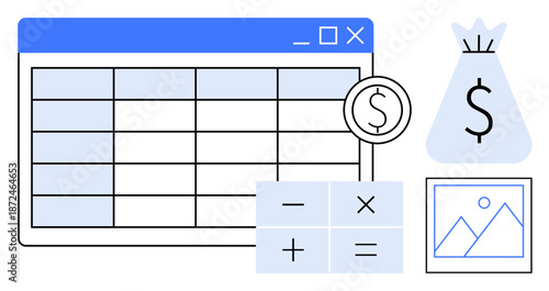 Financial spreadsheet interface with calculator symbols, dollar icons, and money bag concept. Ideal for finances, budgeting, accounting, data analysis, financial planning, digital tools business