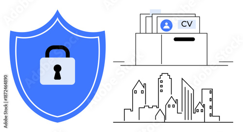Data protection. Shield cybersecurity, secure document storage for resumes, and urban infrastructure integration. Data protection vital in urban development and secure data storage