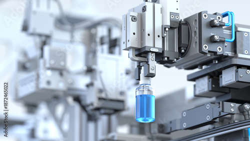 Robotic arm with gripper holding glass vial in automated line 3d render. Cleanroom with background machinery for pharmaceutical, cosmetic or chemical industry packaging