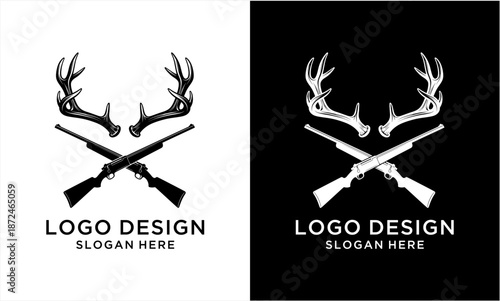 Hunting Club Logo Design with Crossed Rifles and Deer Antlers.