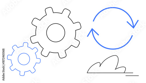 Synchronization, process automation, continuous improvement, system integration, workflow management, efficiency. Gears and cycle arrow indicating motion and processes. Synchronization and process