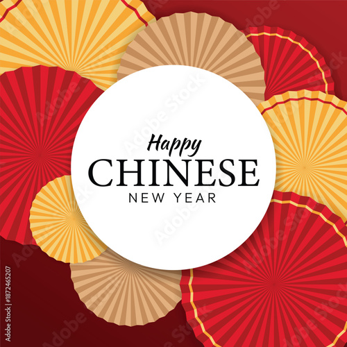 Festive Chinese New Year greeting design with red and gold paper fans surrounding a white circular message space.