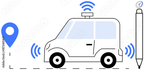 Smart transportation, GPS navigation, wireless technology, future mobility, automation, innovation. Self-driving car with GPS pin and communication signals. Smart transportation and GPS navigation