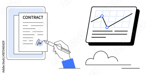 Hand signing contract with pen, alongside data chart showing upward trend. Ideal for business, analytics, agreements, success, growth, partnerships strategy. Clean and simple flat metaphor