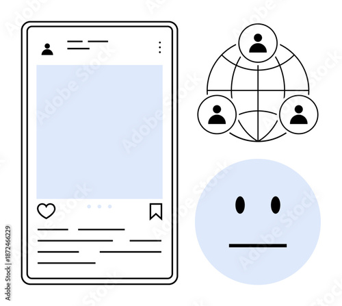 Social networking, global connectivity, user engagement, digital communication, online platforms, social mood. Mobile social media post layout, global network neutral emotion. Social networking