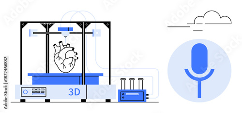 Medical innovation, 3D printing, healthcare technology, organ development, digital communication, bioengineering. Heart model in 3D printer with microphone icon. Medical innovation and 3D printing