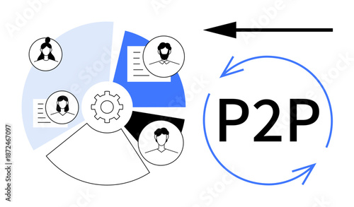 P2P network symbols user-to-user connections and data exchange. P2P enhances decentralized networking efficiency. Ideal for fintech, blockchain, technology, data sharing, teamwork