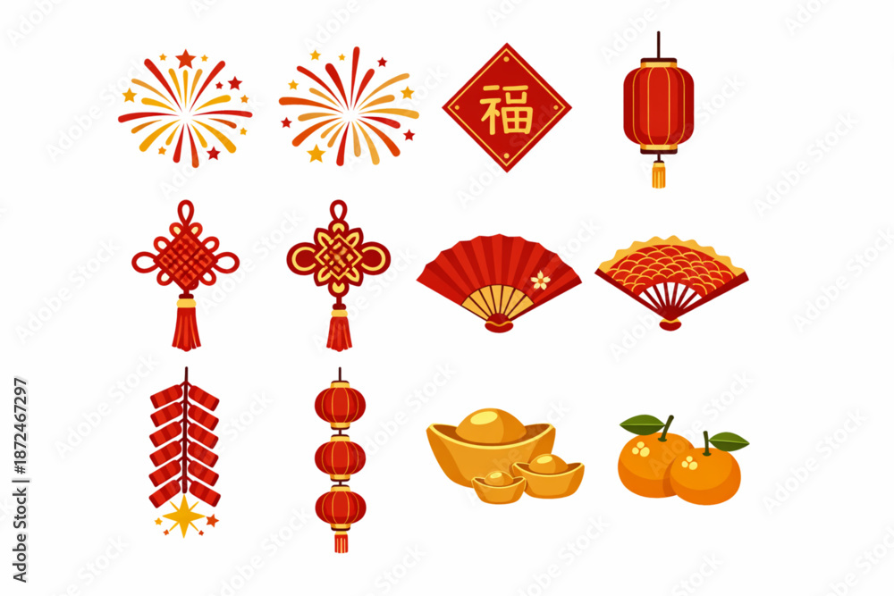 Naklejka premium Chinese New Year Icon Grid with Fireworks Knots and Fans Flat Vector Design