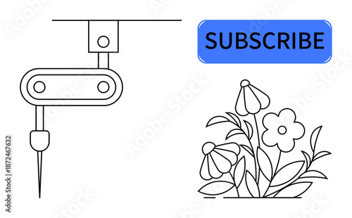 Automation, technology innovation, textile design, crafting, subscriptions, creativity. A sewing machine needle, floral design and subscribe button are . Automation and technology innovation concept