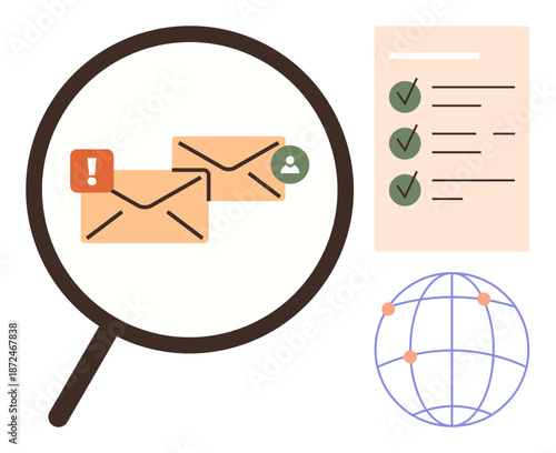 Email security, data privacy, online safety, cybersecurity, digital communication, fraud detection. Magnifying glass examining emails, checklist and globe icon. Email security and data privacy