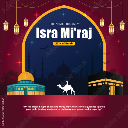 vintage isra miraj islamic night journey illustration with mosque crescent moon and star ramadan spiritual background vector design