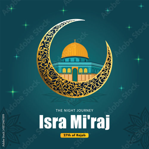 vintage isra miraj islamic night journey illustration with mosque crescent moon and star ramadan spiritual background vector design