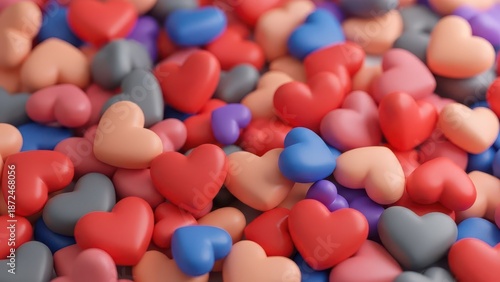 Seamless pattern featuring various hearts in diverse colors, sizes, and styles for Valentine's Day