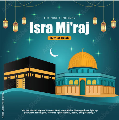 vintage isra miraj islamic night journey illustration with mosque crescent moon and star ramadan spiritual background vector design