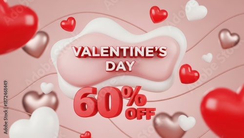 Valentine's Day 60 Percent Off Sale With Floating Hearts And Swirls discount offer