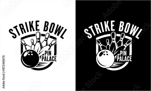 Strike Bowl Pin Palace Logo Design for Bowling Alley or Sports Club.