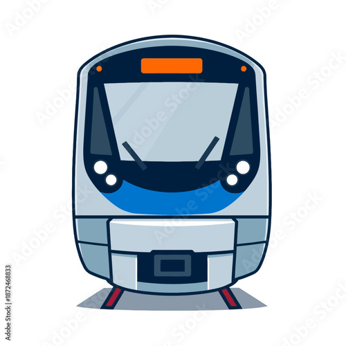 Front view of a modern, sleek, electric passenger train, highlighting its streamlined design and bright headlights, perfect for transportation concepts