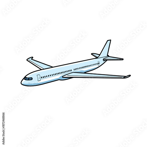Vector illustration of a modern commercial airplane in flight against a white background, depicting air travel and transportation