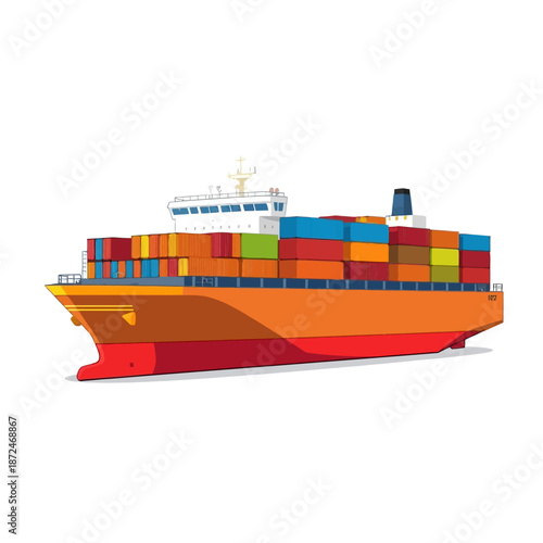 Vibrant orange container ship loaded with colorful cargo, sailing across the ocean for global trade and logistics