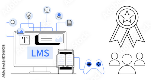 E-learning, gamification, professional training, online courses, certification, digital tools. LMS computer screen, open book and icons. E-learning and gamification in the digital age