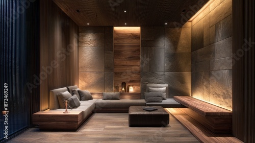 Modern cozy interior of a minimalist living room featuring wooden elements, soft cushions, warm lighting, and a comfortable seating area