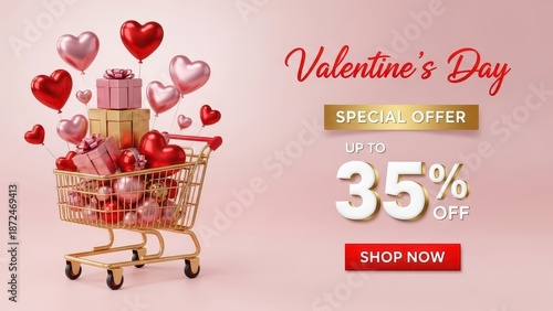 Valentine's Day Shopping Cart Filled with Gifts and Heart Balloons Special Offer