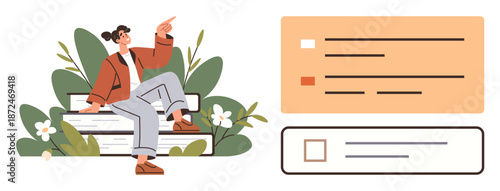 Decision-making, survey selection, user interfaces, online forms, productivity tools, feedback systems. A woman sits on a park bench, pointing at a digital checkbox displayed. Decision-making