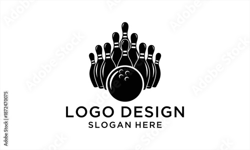 Black and white bowling logo design featuring pins and a ball.
