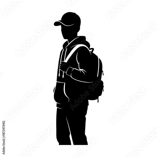 Man with Backpack and Baseball Cap Silhouette.