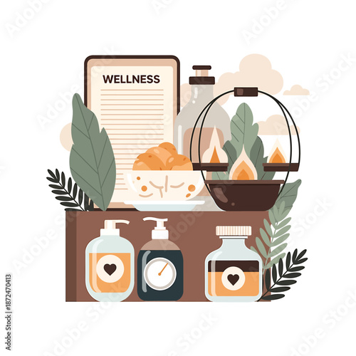 Wellness products arranged on a table with plants and a candle in a serene setting.