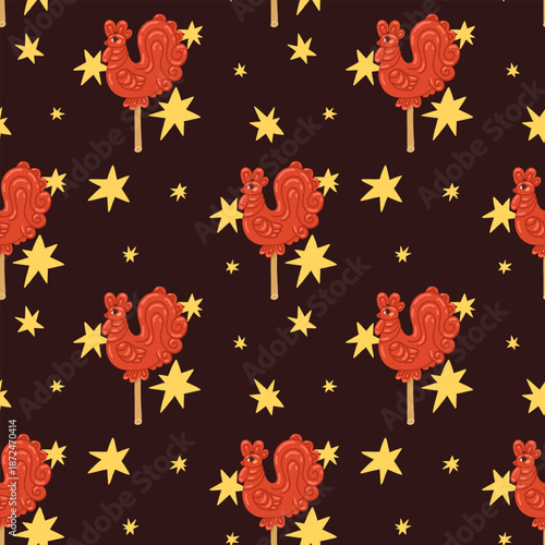 Seamless pattern with Red caramel Cockerel on a stick, lollipop. Symbol winter holidays, Christmas and new year. Candy sugar in the form of a cute rooster. Pattern with Traditional Russian sweetness