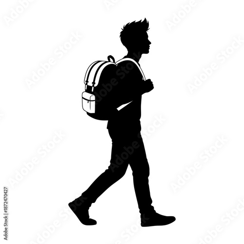 Silhouette of Man Walking with Backpack.