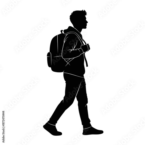 Man Walking with Backpack Silhouette Profile.