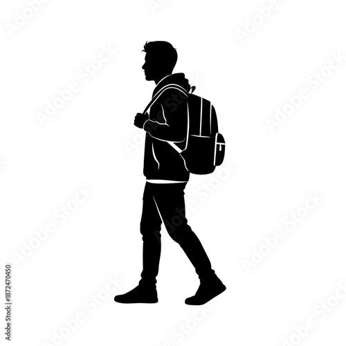 Man Walking with Backpack Silhouette Profile.