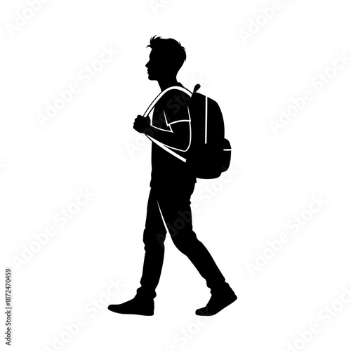Man Walking with Backpack Silhouette Profile.
