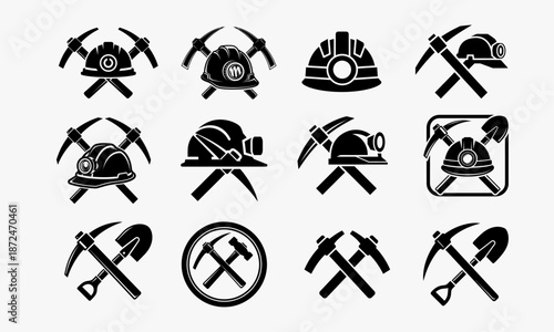 Collection of Mining Emblems and Logos Featuring Helmets and Tools.
