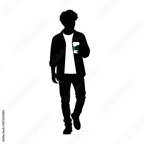 Young Man Walking with Coffee Cup.