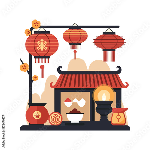 Illustration of a traditional Chinese New Year celebration scene with lanterns and offerings.