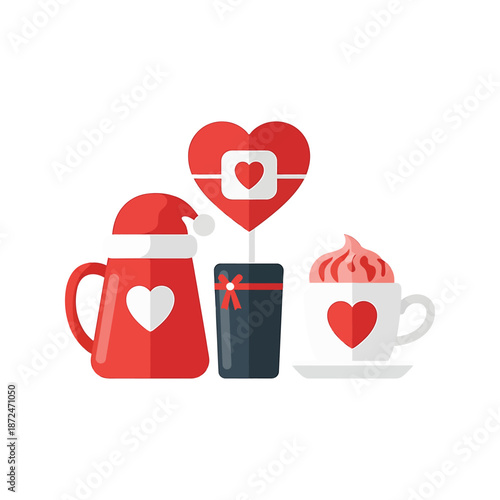 An illustration shows heart-themed drinks and gifts on a table with festive decorations.