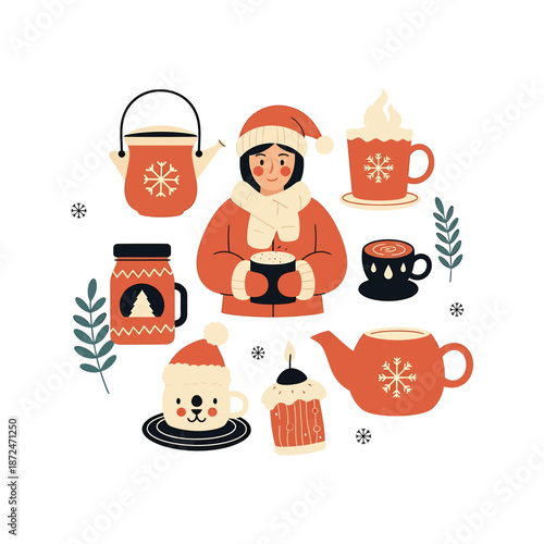 Woman in winter clothes drinks hot tea surrounded by cups and kettle with snowflakes.