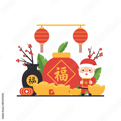 Chinese New Year celebration illustration with Santa Claus and prosperity symbols