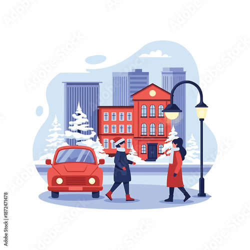 Police officer helps woman on snowy city street with broken down car