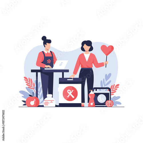 Two women participating in election process, casting vote with ballot box nearby