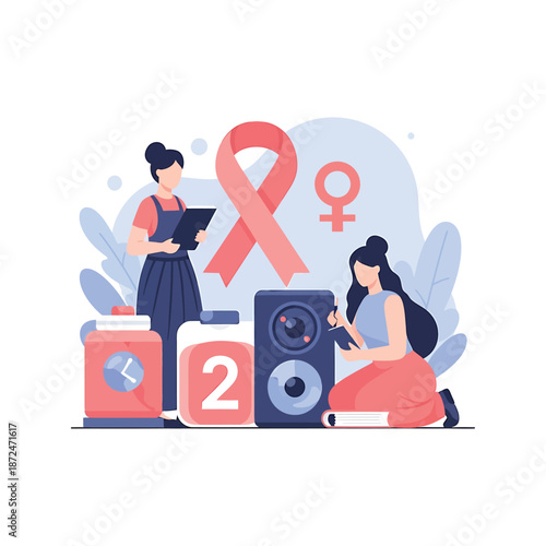 Two women prepare a sound system for an event with a pink ribbon.