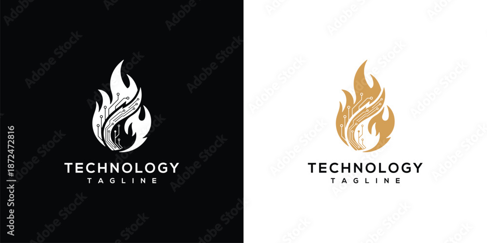 Obraz premium Dual flame logos symbolizing technology and innovation in contrasting colors