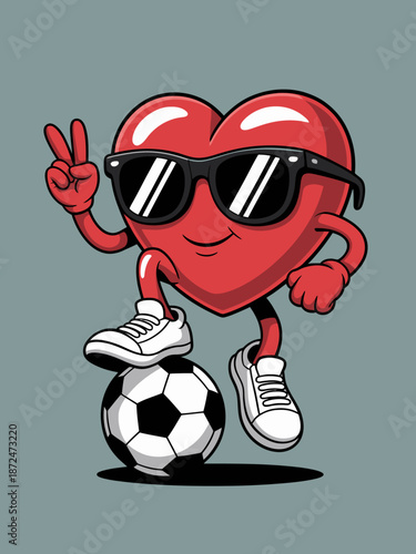 A cartoon heart wears sunglasses and strikes a cool pose while balancing a soccer ball.