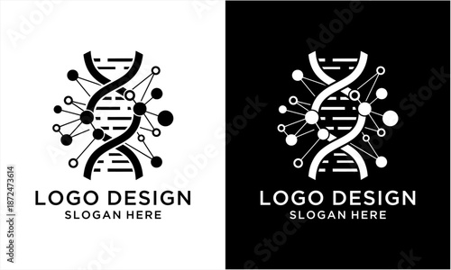 DNA helix with interconnected dots representing molecular structure and scientific innovation.