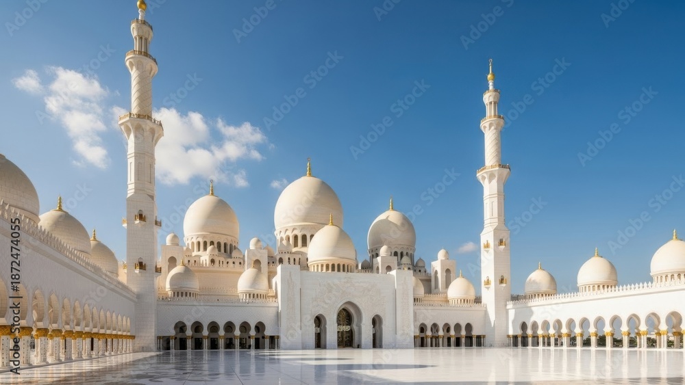 Fototapeta premium Grand white mosque with minarets under blue sky